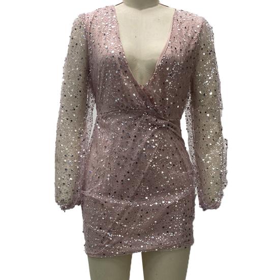 Women's Sexy Sequin Bodycon Dress Sheer Long Sleeve Deep V Neck Mini Dress Sparkly Evening Party Dress for Night Clubs