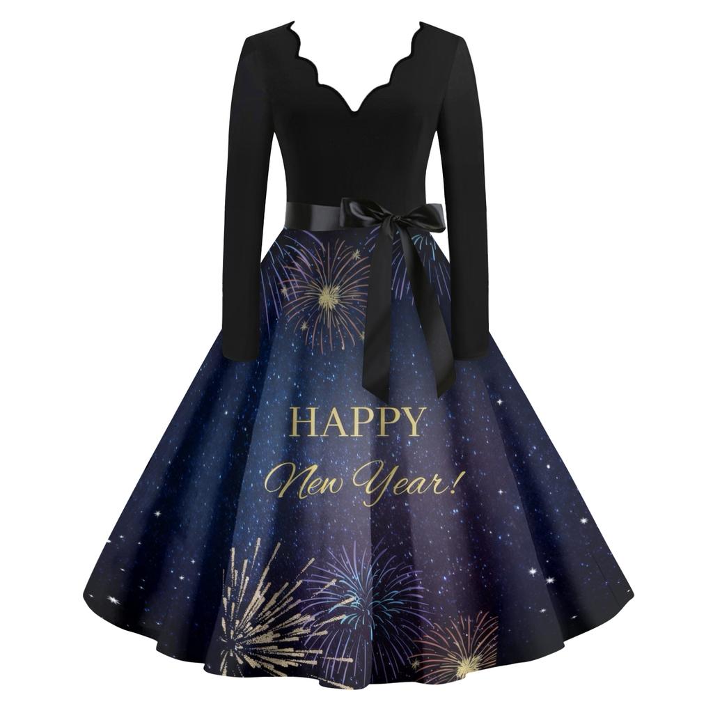 Женское повседневное модное платье винтажного стиля с V-образным вырезом и новогодним принтом