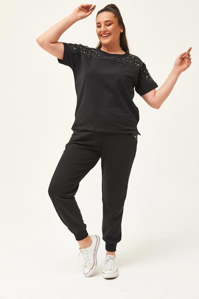 Женский модный спортивный костюм большого размера, летний зеленый спортивный костюм большого размера с камнями и бисером, с короткими рукавами