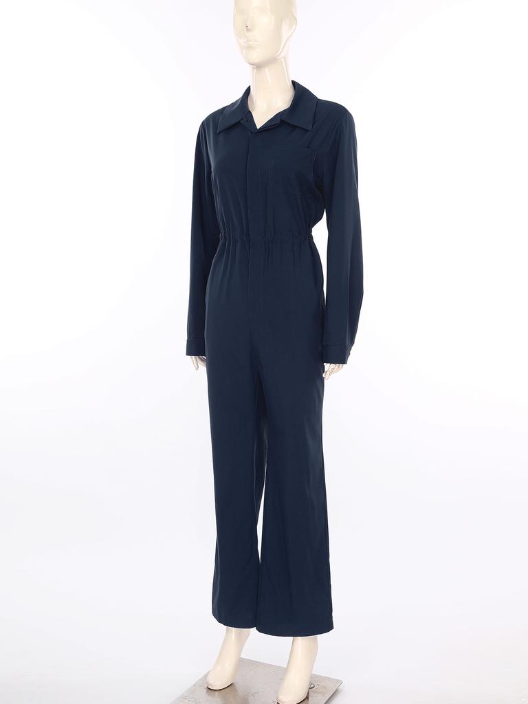 Womens Fashion Jumpsuit Button Front Design Casual Solid Color Turn Down Collar Long Sleeve Coverall