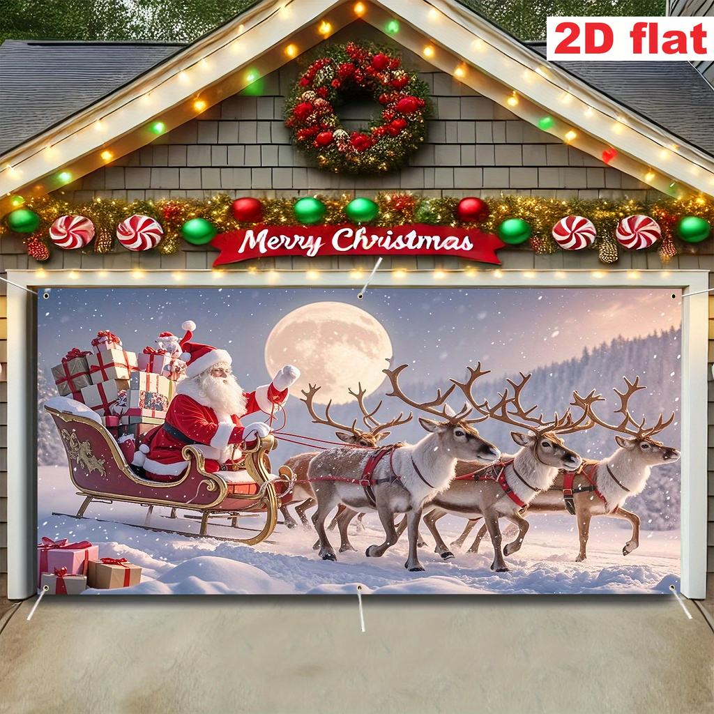 Christmas Garage Door, Christmas Sled, Reindeer, Full Moon Snow, Winter Vacation Tapestry Without Holes, with Clip Accessories