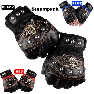 Черные заклепки из искусственной кожи, пиратский череп, панк, мотоциклетные, байкерские, тактические перчатки без пальцев, мужские перчатки в стиле стимпанк