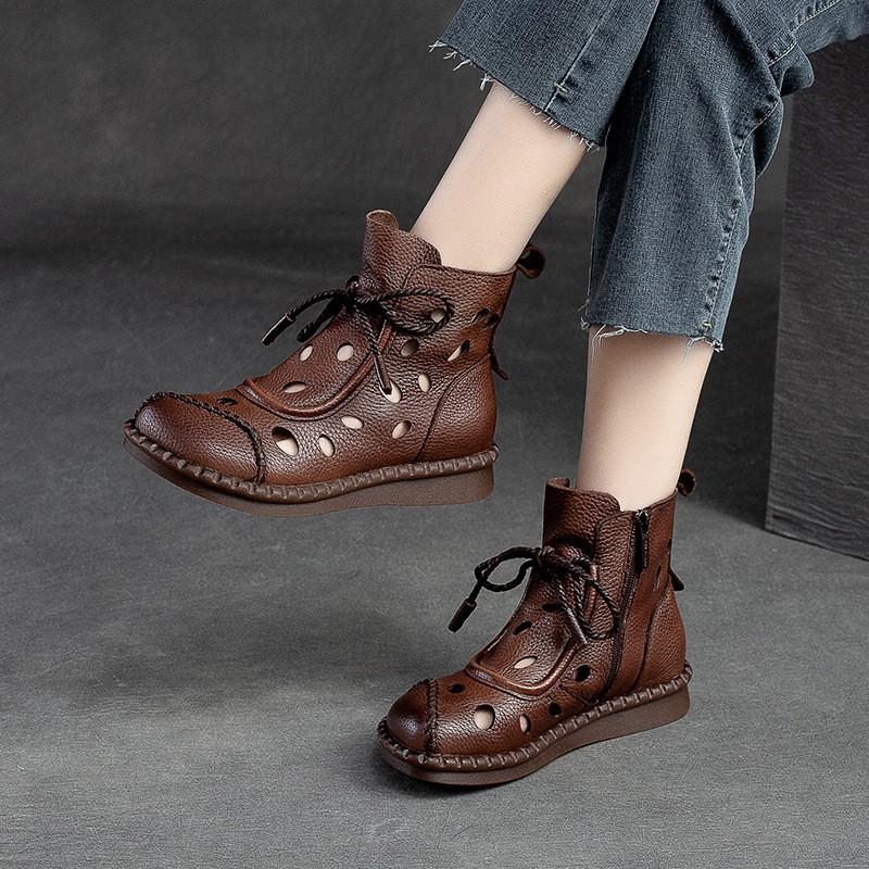 Johnature Women Shoes Summer Sandals Genuine Leather Round Toe Lace-up Handmade Retro Breathable Hollow-out Boots