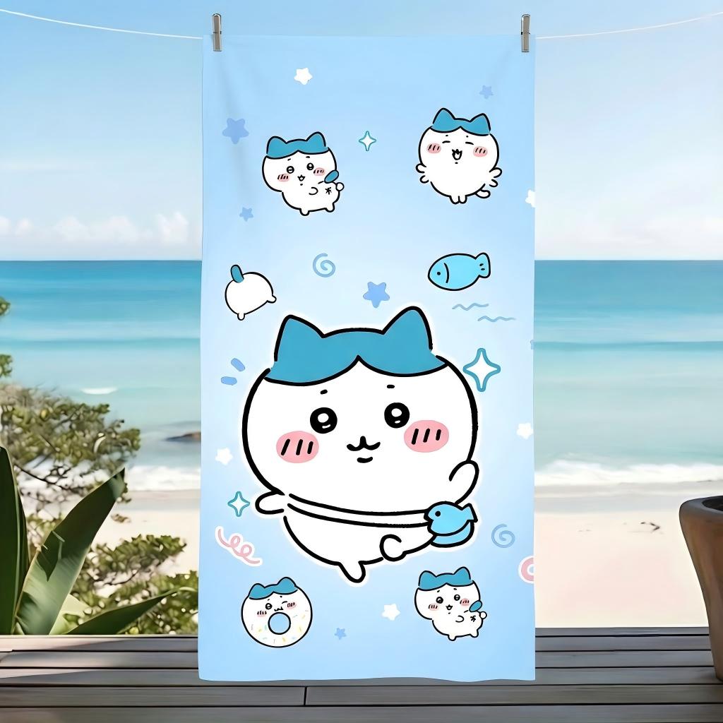 ChiikawaCartoon Beach Towel Pastel Blue Cute Animal Print Microfiber Sandproof Quick Dry Beach Blanket Summer Vacation Swimming