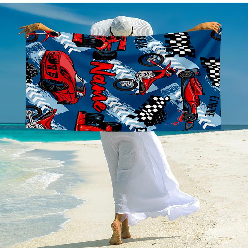 Custom Name Ultra-Soft Beach Towel with Racing Theme,Ideal for Pool - Camping, Diving - Perfect Travel Essential, Vibrant Beach Towel.