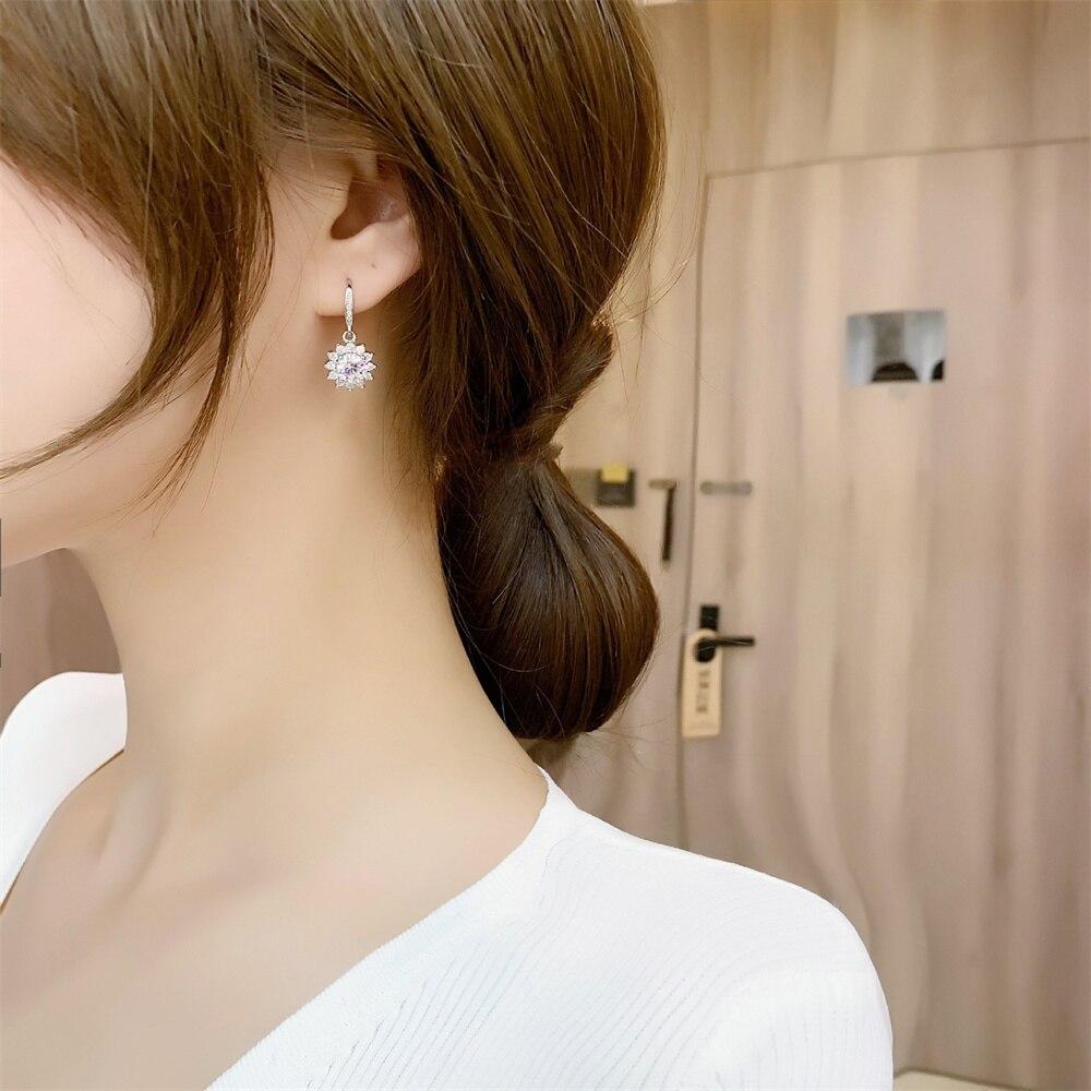 New Women Earring Pendant 925 Silver Sun Flower Ear Hook Studs Micro-inlaid Zircon A Pair Piercing Hoops Earring Jewelry Gift