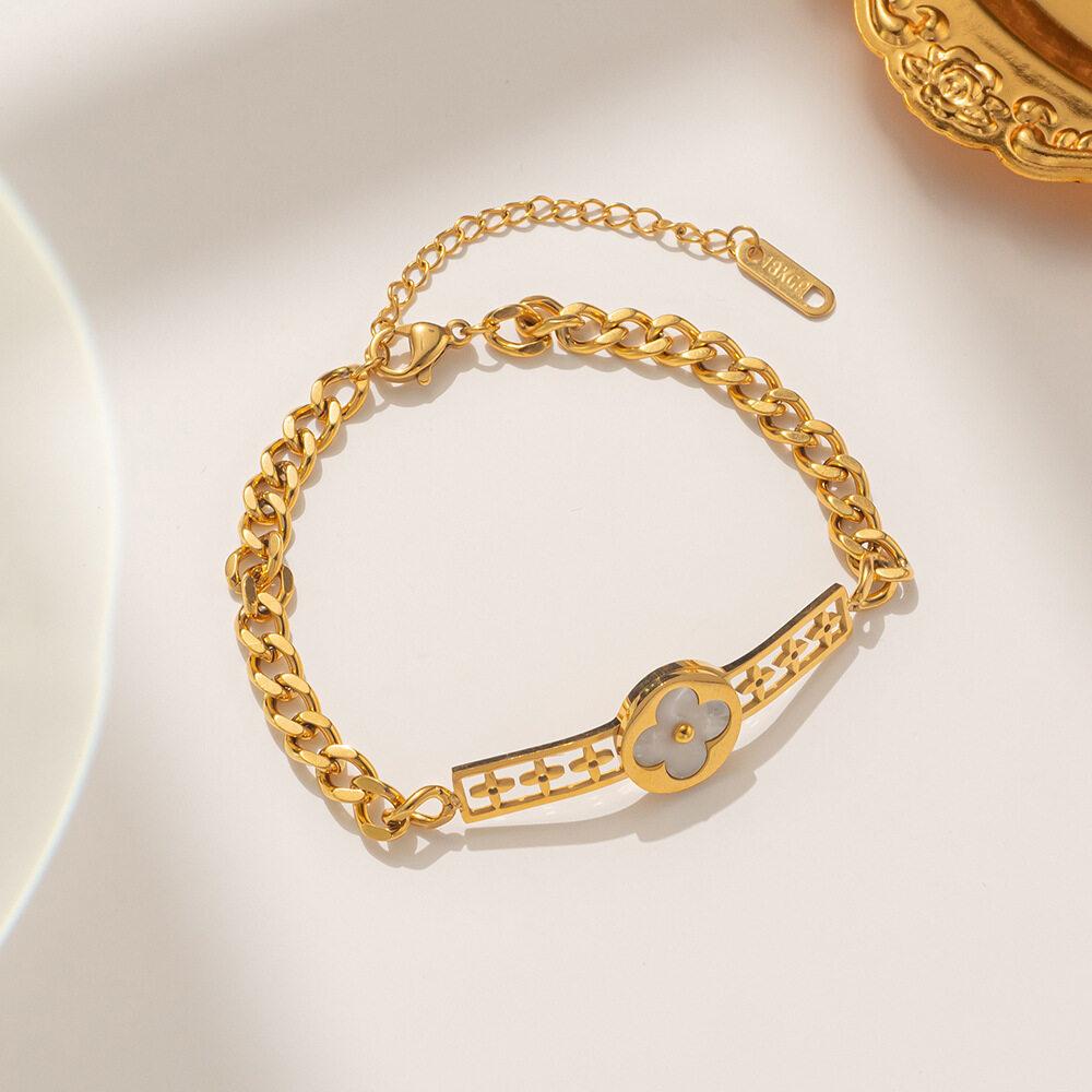 Темпераментный двусторонний браслет из нержавеющей стали, черный/цвет ракушки, четырехлистный клевер, элегантный браслет из розового золота