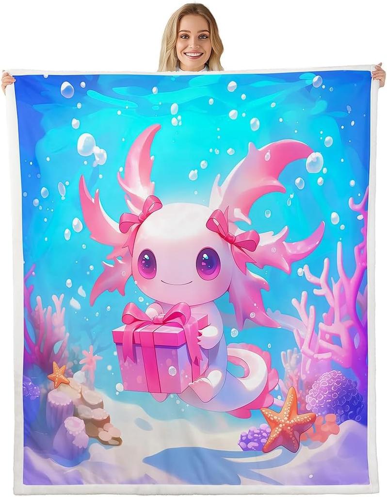 Cute Pink Axolotl Blanket Soft Fleece Throw Cherry Blossom Design Fantasy Art Kids Room Decor