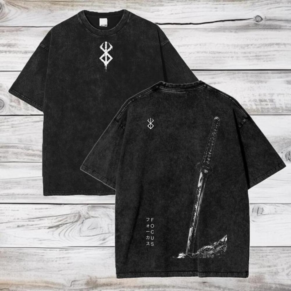 Berserk Знак Жертвоприношения и Убийца Драконов Винтажная Стирка Аниме Футболка, Унисекс Темное Фэнтези Манга Фан Уличная Одежда Футболка, 100% Хлопок Повседневная С коротким Рукавом