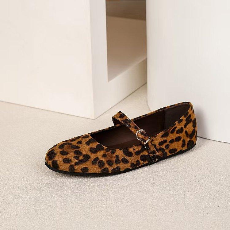 Large size retro round head hair leopard print one-word buckle with Mary Jane single shoes spring and autumn new flat shoes grandma shoes