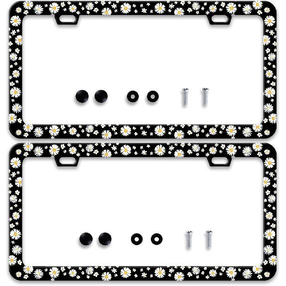 2 Pcs Grey Black Leopard Print License Plate Frame Cheetah License Plate Frames Personalise Stainless Steel Funny Design Compatible with Standard