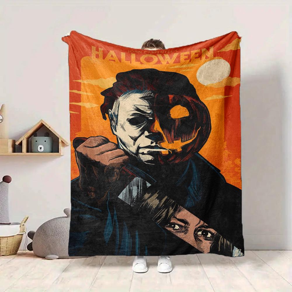1Pc Halloween Horror Poster Flannel Blanket, Soft And Comfortable, Casual Warm, Camping Travel, Christmas, Halloween Xmas Gift L132