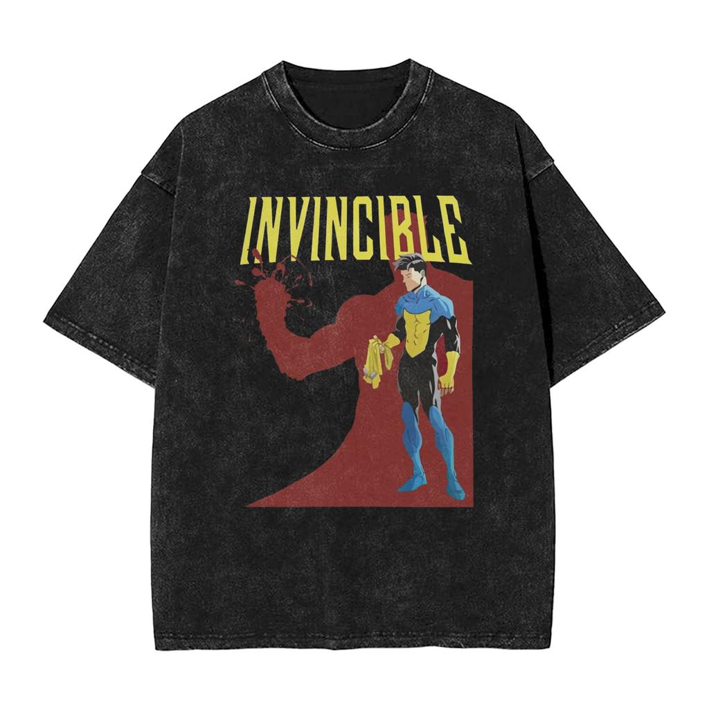 Invincible Unisex Oversized T-Shirt Vintage Washed Anime Superhero Print Cotton Casual Short Sleeve Streetwear Tee for Men Women
