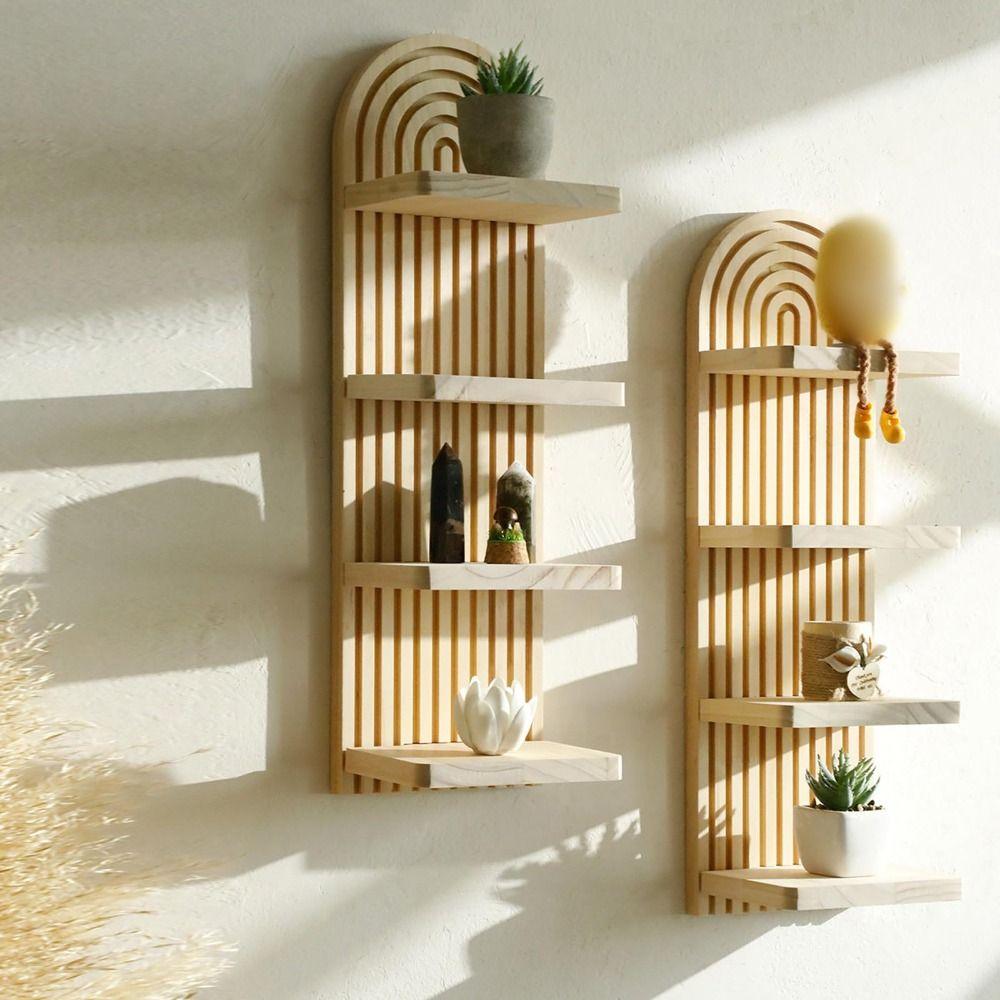 4-Tier Design Arched Floating Shelf Oval Threaded Artistic Wooden Stand Wall Decoration