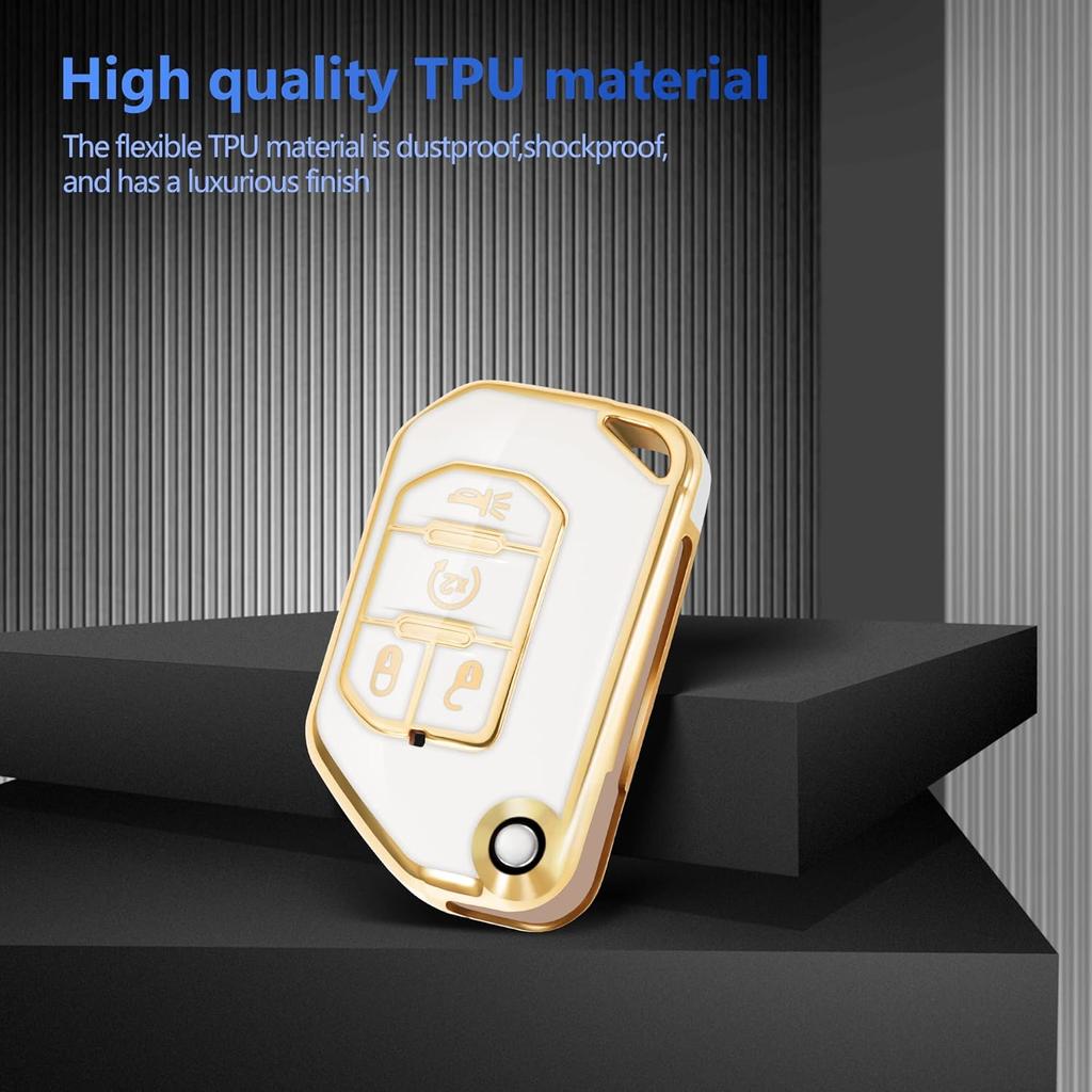 YHC for Jeep Key Fob Cover Car Key Case Shell with Gold Keychain fit Wrangler Gladiator JL JLU JT