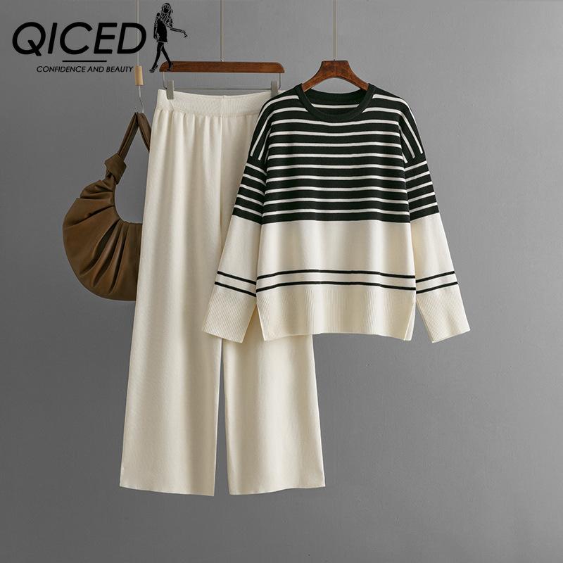 QICED Осенне-зимний полосатый вязаный свитер из двух частей с круглым вырезом, свободный повседневный и модный костюм