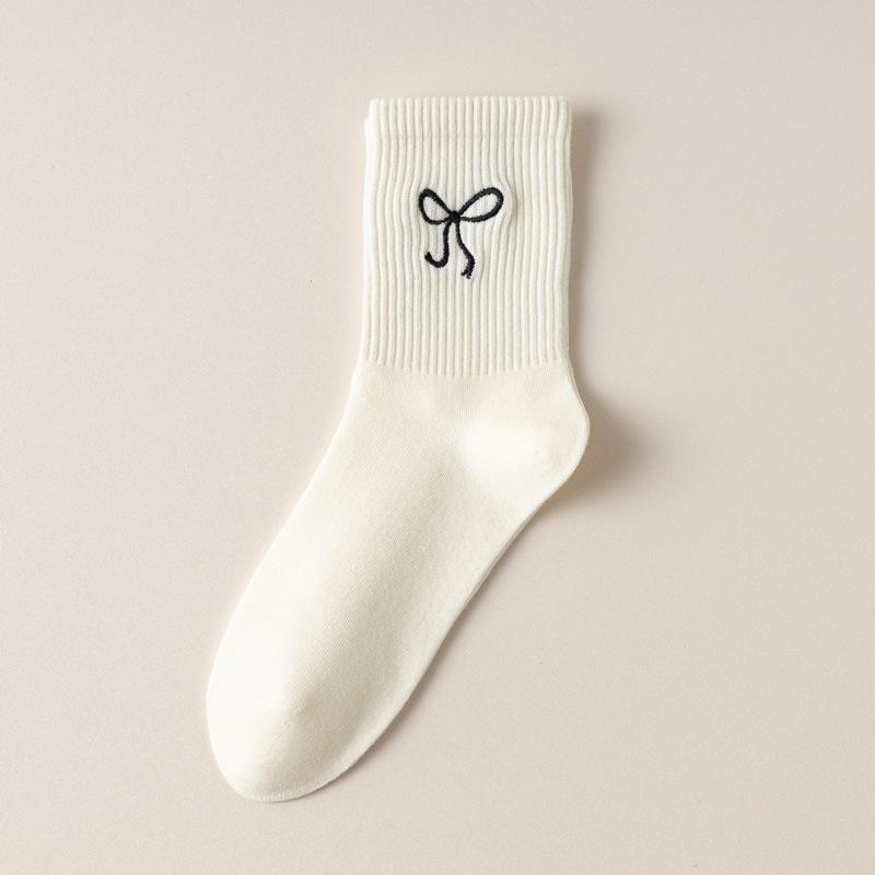 5/10 Pairs Comfortable Casual Embroidered Bow Socks for Women Solid Color Moisture Wicking Breathable Mid Calf Socks Spring Autumn Long Cotton Socks