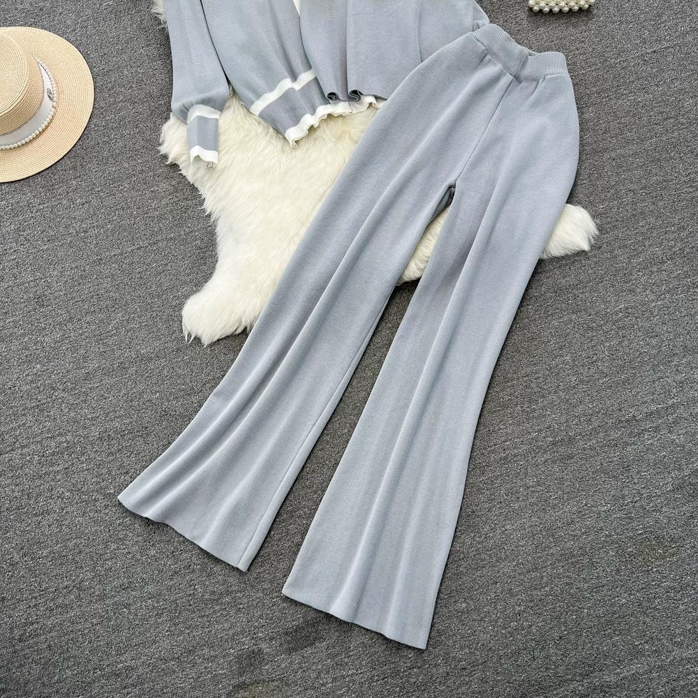 Осень-зима, винтажный однотонный вязаный свитер, брюки, комплект из 3 предметов, женский спортивный костюм, куртка на молнии с длинными рукавами, пальто, жилет, брюки, наряды