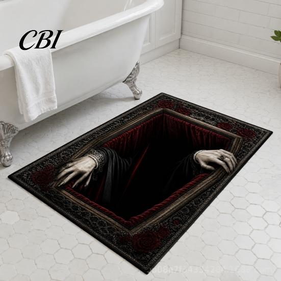 Bathroom Water Absorbent Mat 3D Visual Halloween Rug, Non-Slip Creepy Easy Clean Doormat Washable Spooky Floor for Entrance Kitchen Bedroom