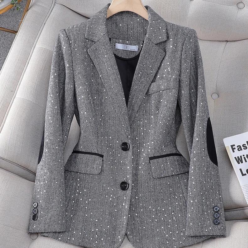Autumn Retro Splice Plaid Sequins Blazers Coat For Women Brown Elegant Business Vintage Ladies Suit Jacket