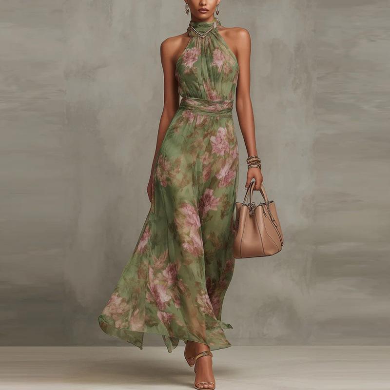 European and American cross-border 2026 women's clothing hip-wrapped mesh printing irregular split pleats sexy suspender dress long dress