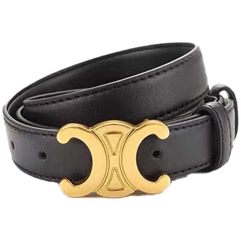 Fashionable Solid Color Gold Buckle Design Women Double Layer Belt Cowhide