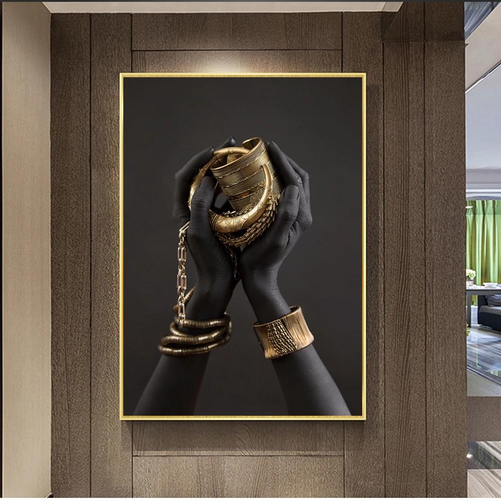Черно-золотой африканский художественный постер с принтом, женская картина на холсте, настенная живопись Cuadros, скандинавское украшение, домашняя картина для гостиной