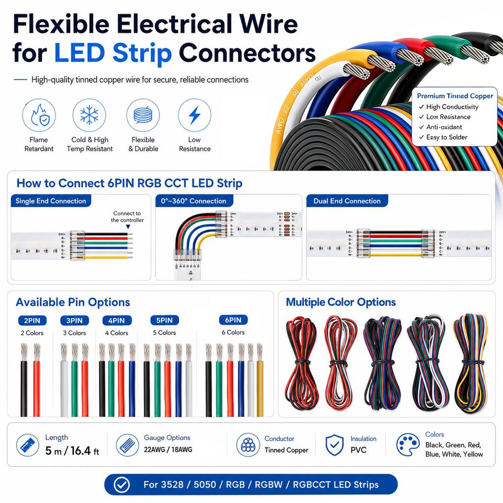 2/3/4/5/6pin Electrical Wire 22/18AWG LED Connector Cable Wire 5m Electric Cable For 3528 2835 RGB LED Strip