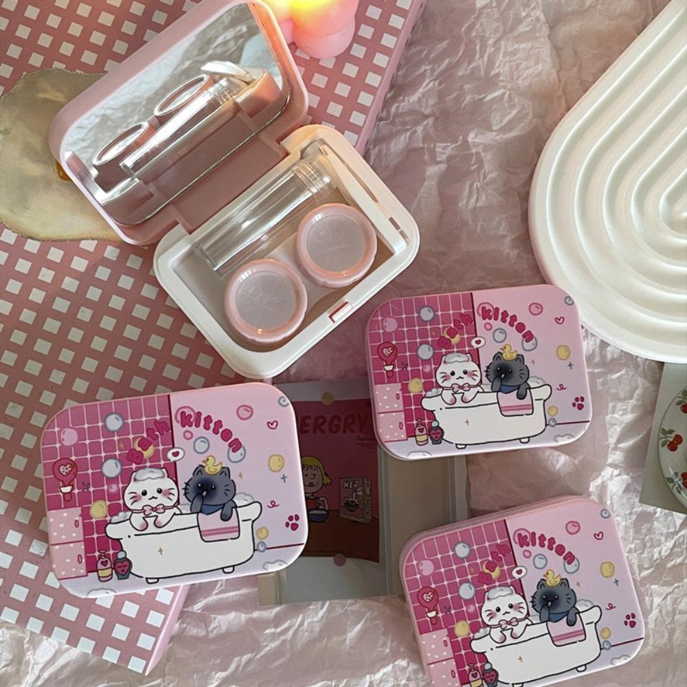 Mini Portable Contact Lens Case with Mirror Tweezer Suction Stick Set Kawaii Kitty Cat Contact Lens Storage Box Eye Care Tool