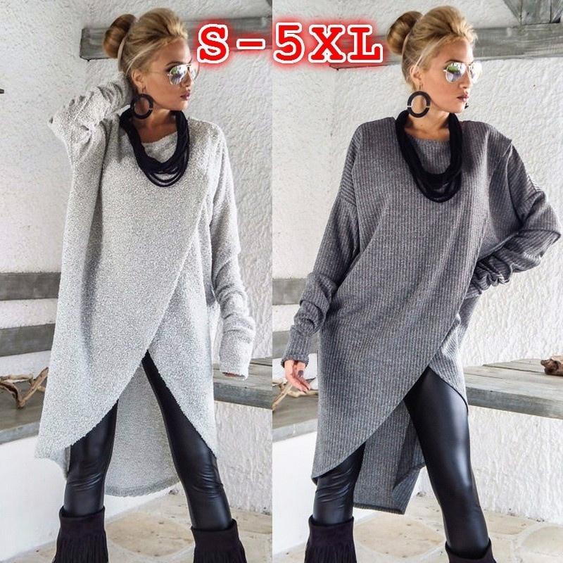 Women Sweater Dress Long Sleeve Pullover Front Slit Knitted Blouse Tops Sweaters Plus Size S-5XL