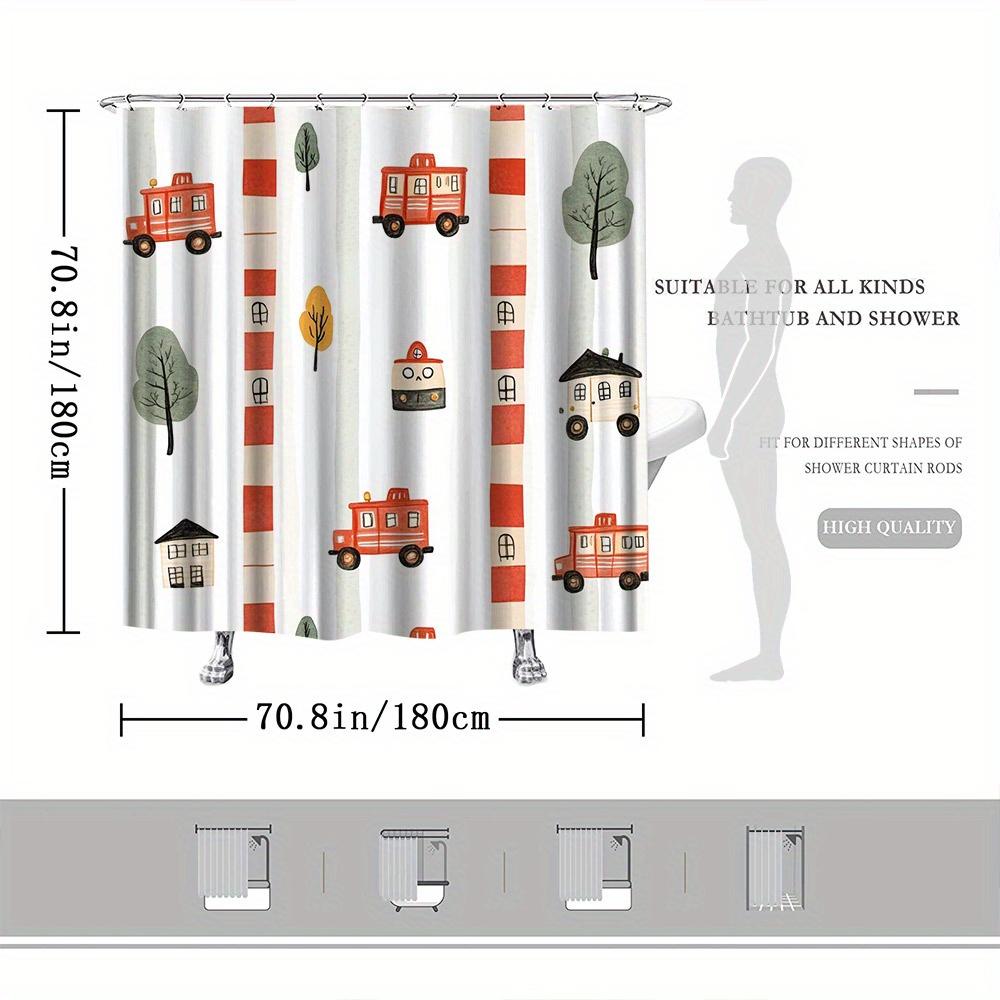 Whimsical Fire Truck Shower Curtain, Red & Green Stripes With Cartoon Trucks & Trees, Fade-Resistant Polyester, Fun Bath Decor