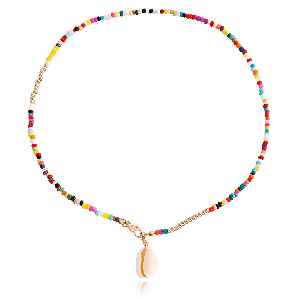 Bohemian Double-Layer Colored Rice Beads Shell Necklace - European & American Beach Style