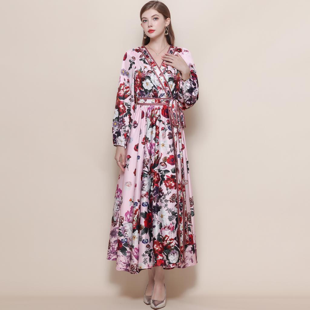 Весенние Винтажные Цветочные Макси-Платья для Женщин Подиумные Скрещенный V-образный Вырез Длинный Рукав-Фонарик Пояса Пляжное Праздничное Платье Бохо Халат