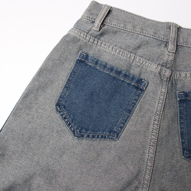 Весна 2025 г. Узкие джинсовые брюки с высокой талией и цветными блоками — европейский и американский стиль