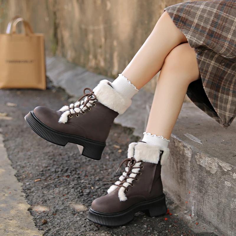 Шерстяная смесь Мех Спилок коровьей кожи Круглый носок Зимние теплые Снежные ботинки Толстая подошва Панк-стиль Милая красота Ботильоны