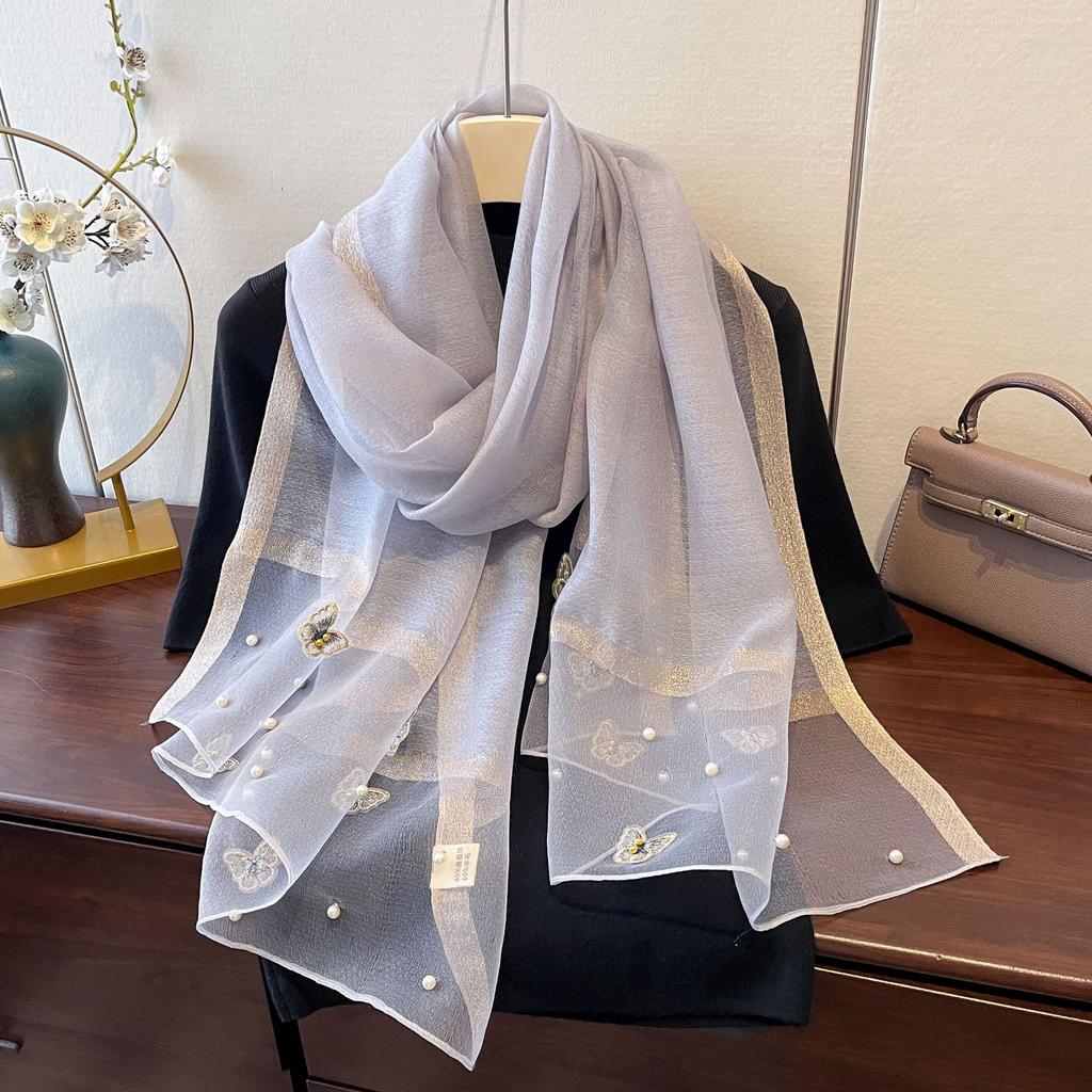 New Versatile Shawl Imitation Silk Thin Silk Scarf for Women Spring and Summer Butterfly Pearl Light Luxury Fashionable Warm Neck Protection Shawl