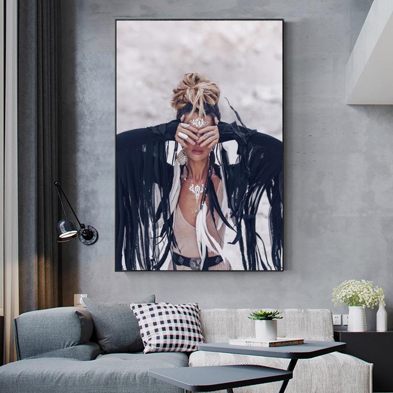 Портретные постеры для девочек в стиле бохо, холст, картина, американская девушка с перьями, женские современные настенные художественные картины для гостиной, домашний декор