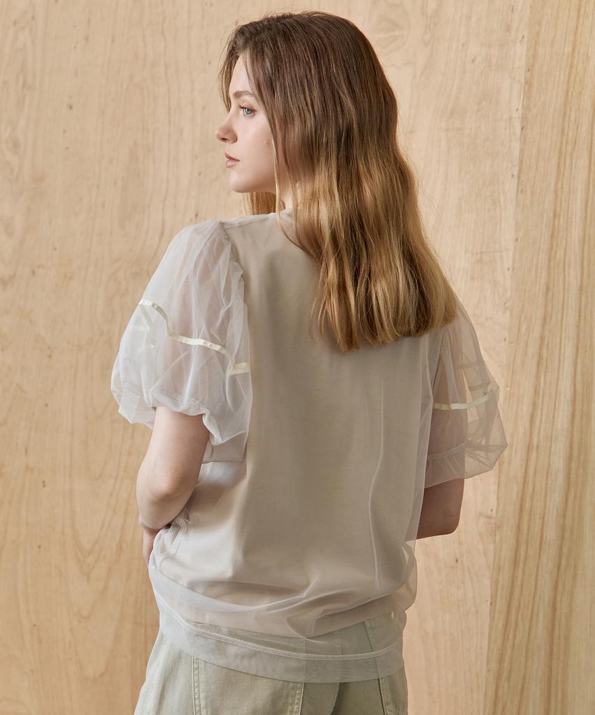 MAXZA Mesh Layered Balloon Sleeve Blouse T-Shirt