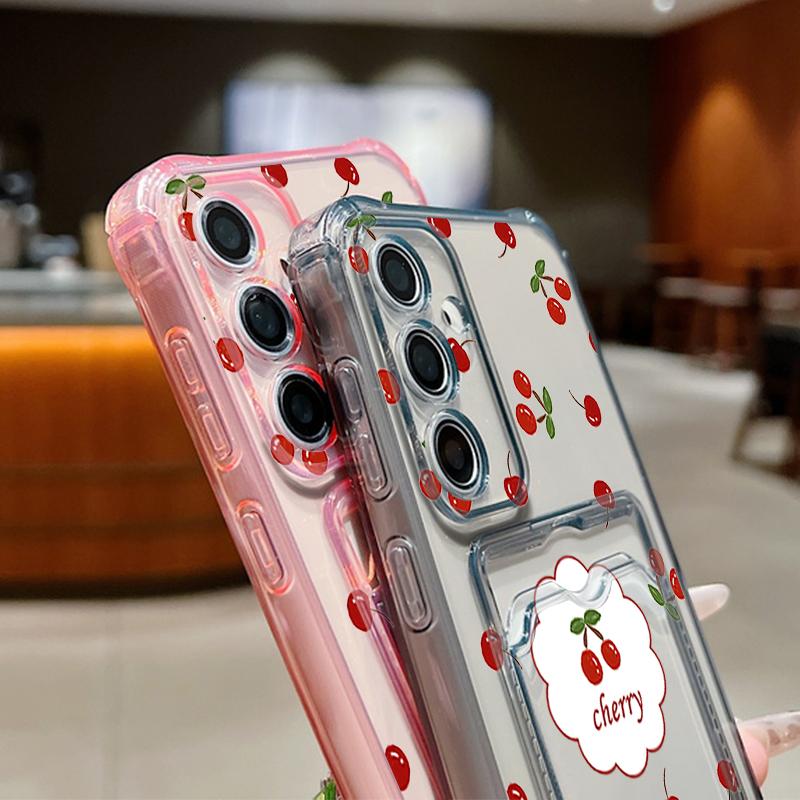 Cherry Print Card Slot Clear Soft Silicone Case For Samsung S25 Ultra S24 FE S23 S22 A36 A56 A55 A16 A06 A15 A26 Slim Shockproof Phone Cover