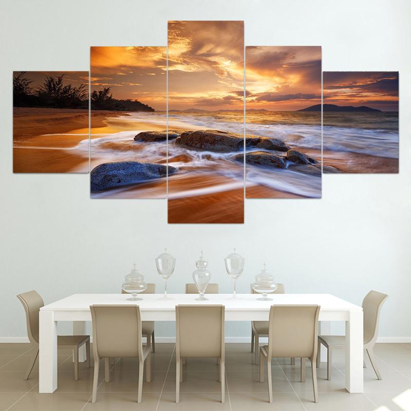 5 панелей Морской пейзаж Морской большой круглый камень Красочное небо Холст Картина Плакаты и принты Настенная картина Домашний декор без рамки