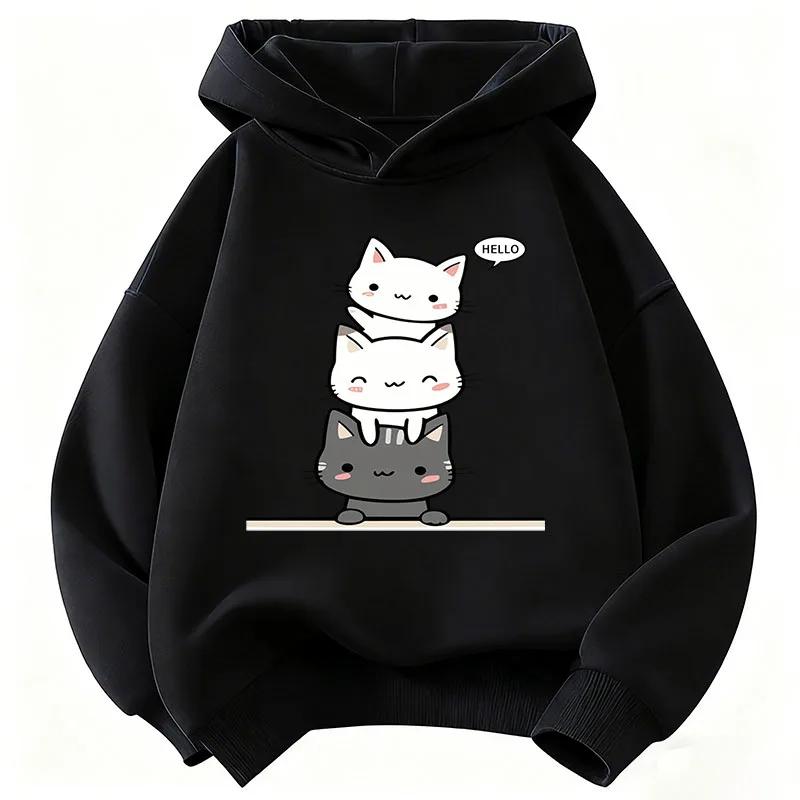 Stacked Hello Cartoon Kittens Print, Children Hoodie Kids Pullover Long Sleeve Cute Animal Casual Sweatshirt Top