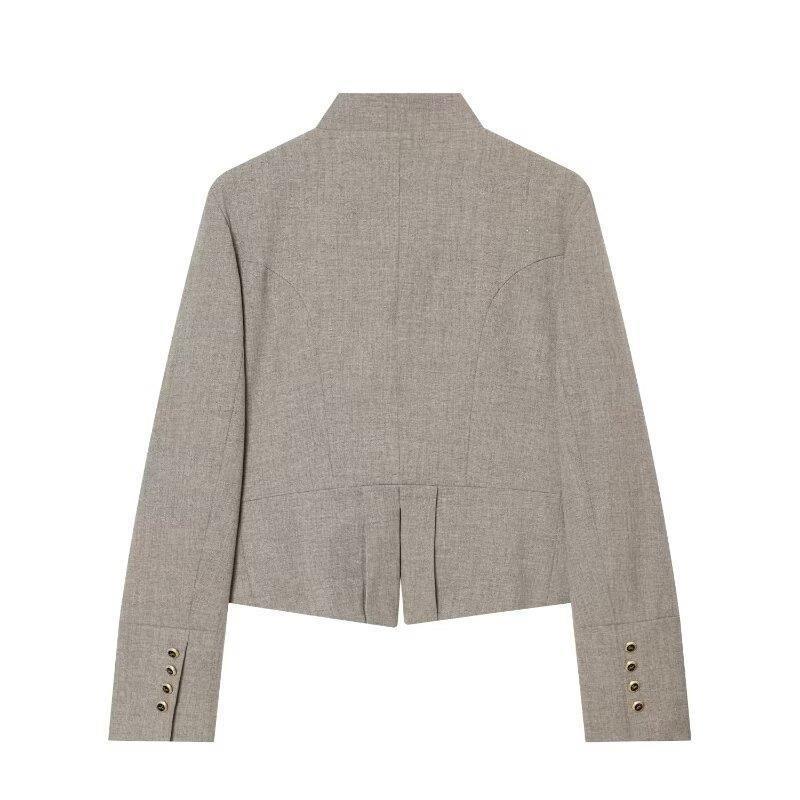 Womens Slim Fit Blazer With Double Breasted Buttons Street Style TR Fabric Long Sleeve Jacket