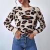 New Round Neck Retro Commuting Casual Contrast Leopard Print Pullover Sweater Top for Women