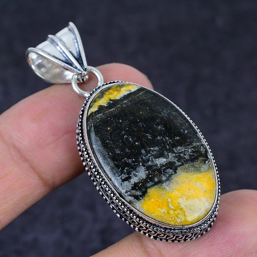 Bumble Bee Jasper Gemstone Handmade 925 Sterling Silver Pendant 2.01" P5S11