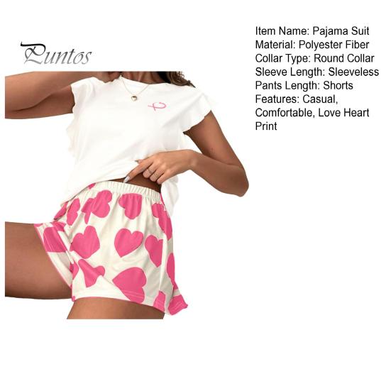 Women's Pajama Set Ruffle Cap Sleeve Top And Love Heart Printed Shorts Set Summer Casual 2 Piece Nightwear Lounge Set