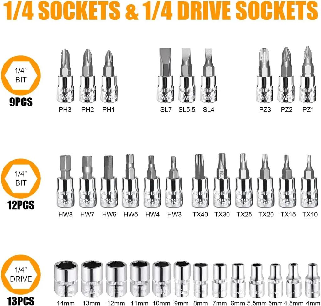 46pcs Socket Wrench Set 1/4 Inch Drive Ratchet Car Repair Tool with Bit Socket Set for Auto Repairing & Household Repairs Tools