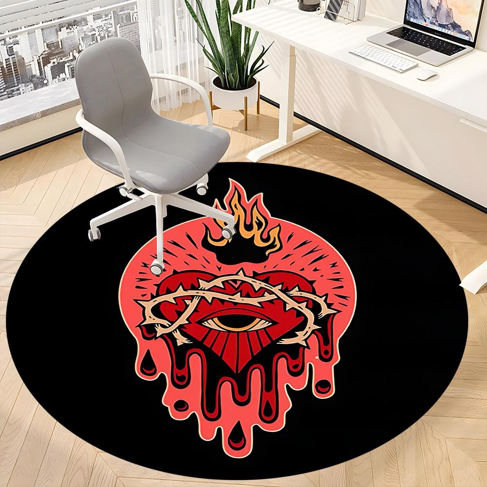 1pc Heart Flame Office Round Area Rug, Mat Suitable For Office, Under Office Chairs Bedroom Living Room Home Decor, Room Deco