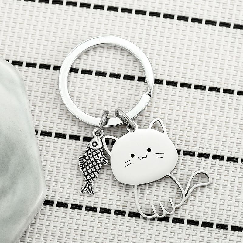 Funny Cartoon Cat Fish Keychain Couple Lovers Stainless Steel Keyring Lovely Pendant Key Chain Valentine'S Day Gift Jewelry