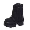 Fashion Women Tassels High Heels 8CM Thick Platform Short Boots Chunky Leather Shoes Woman Autumn Winter Platform Motorcycle Boots Botas