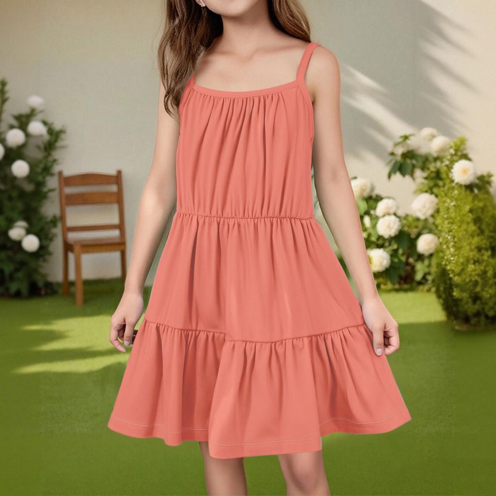 Children's Summer Casual Fashion Round Neck Solid Color Sleeveless Dress